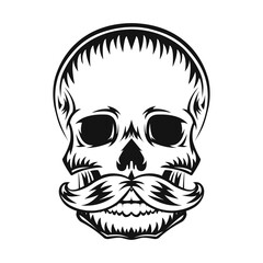 Human skull with mustache. Black silhouette. Design element. Hand drawn sketch. Vintage style. Vector illustration.