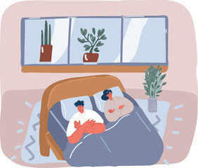 Vector illustration of man and woman sleep in bed with angry mood, feeling disappointed and depressed because of erectile dysfunction, semeynaya ssora, nedovol'stvo, preddverii razvoda