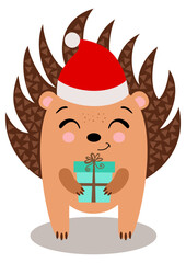 Cute Christmas hedgehog holding a gift box