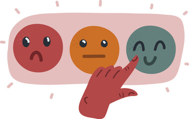 Vector illustration of Feedback concept, emotions scale. Angry, indifferent, sad and emotion feedback and finger push the one