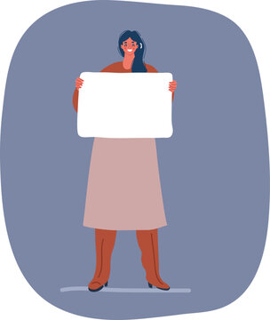 Vector illustration of woman holding empty plackard.Advertisement concept. Copy space