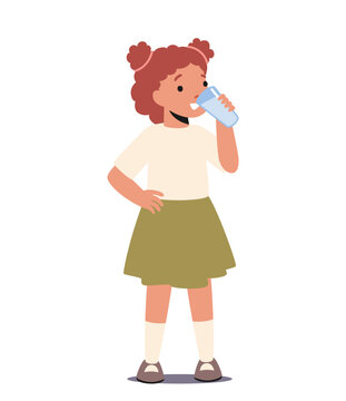Kid Character With Cup Enjoying Fresh Drink, Little Girl Drinking Clean Water, Milk Or Juice. Summer Body Hydration