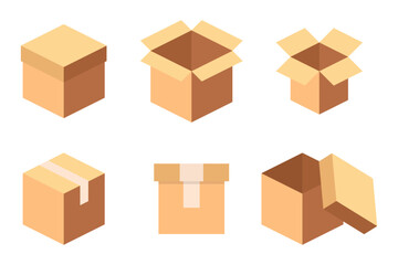 Conjunto de cajas de cartón isométricas. Cajas de cartón cerradas y abiertas. Ilustración vectorial