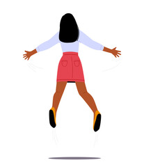 Happy Female Character Jump With Outspread Hands Rear View. Woman Celebrate Success, Cheerful Girl Feel Freedom