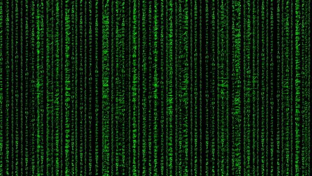 Abstract background of randomly moving green numbers and strange symbols and signs. Matrix. Binary code on the screen. Computer system error, virus, hack. Video animation 4K.