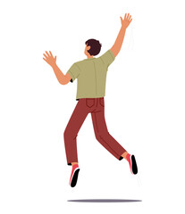 Happy Boy Jump with Raised Arms Back View, Male Character Feel Positive Emotions, Rejoice, Victory, Success, Happiness