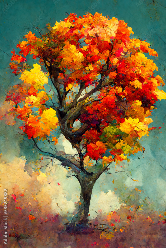 Wall mural illustration of an autumn tree with colorful foliage