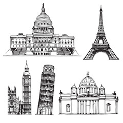 United States Capitol Building, Saint Isaac's Cathedral, Eiffel Tower, Elizabeth Tower, Tower of Pisa, world landmark vector set