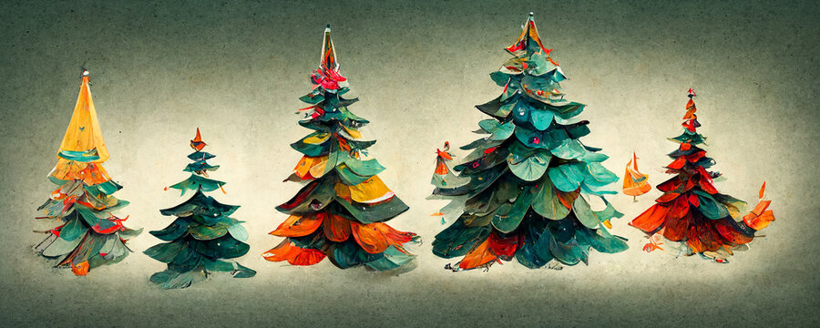 Colorful decorated Christmas trees as Christmas card
