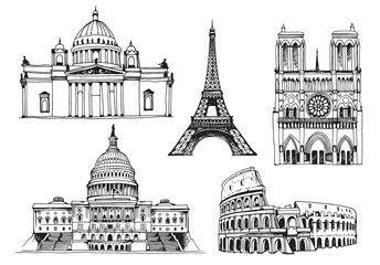 United States Capitol Building, Eiffel Tower, Notre Dame de Paris Cathedral, Saint Isaac's Cathedral, Coliseum, world landmark vector set