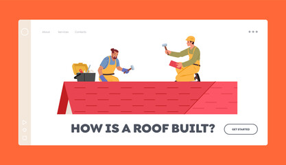 Roofers Construction Workers Landing Page Template. Men with Work Tools Roofing and Tiling Building Roof