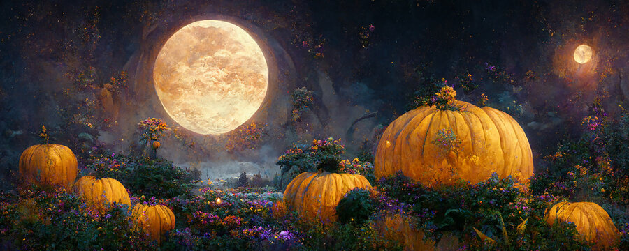 Huge full moon and halloween landscape