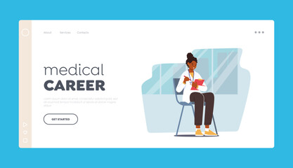 Medical Career Landing Page Template. Doctor Intern Female Character Sitting on Chair Writing Notes in Clipboard