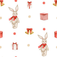 Watercolor illustration christmas seamless pattern with rabbit, gift boxes, dots, bells. Isolated on white background. Hand drawn clipart. Perfect for card, tags, fabric, printing, wrapping.