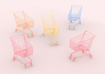 Different pastel colored shopping carts on pink background. Black Friday sales fuss minimalistic...