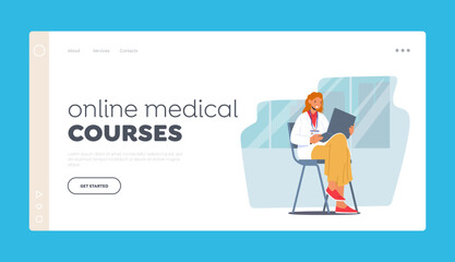 Online Medical Courses Landing Page Template. Student Intern Female Character In Doctor Uniform Sitting on Chair