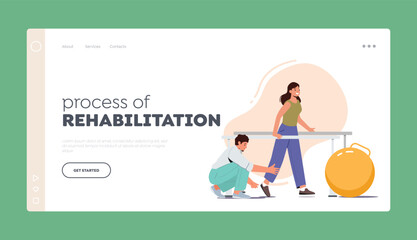 Rehabilitation Process Landing Page Template. Doctor Help Patient To Walk After Injury Or Operation at Physio Therapy