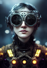 portrait of a beautiful woman in steampunk goggles, futuristic style, steampunk, cyberpunk, post acalypse, 3d rendering