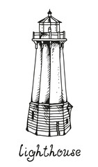 Lighthouse, hand drawn vector illustration, isolated on a white background