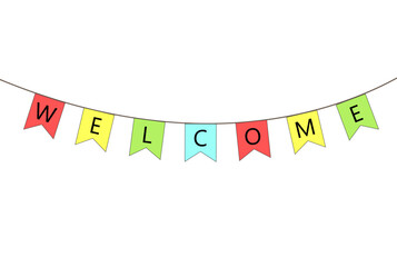 Welcome sign with colorful flags on rope
