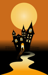 Halloween concept background or party invitation background with a moon night and castle. Vector illustration. - 535252169