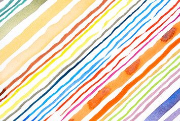 Abstract watercolor lines pattern background. Colorful watercolor painted brush strokes on white. Close-up.