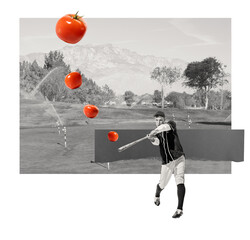 Contemporary art collage. Black and white image of young man, student, baseball player hitting tomatoes with bat