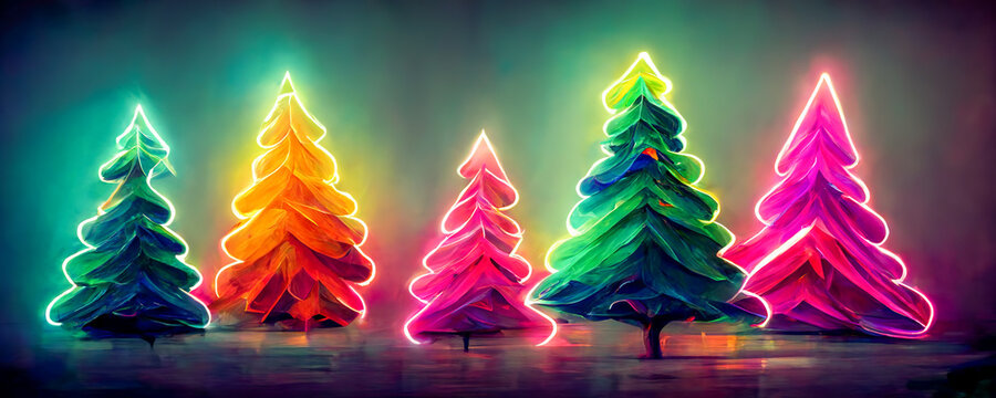 Glowing Christmas trees as panorama background