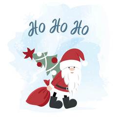 Christmas card with Santa Claus and a Christmas tree on a winter background.