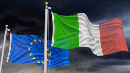 Italien-Flagge und EU-Flagge vor Wolkenhimmel