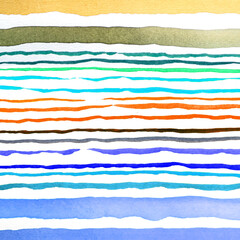Abstract watercolor lines pattern background. Colorful watercolor painted brush strokes on white. Close-up.