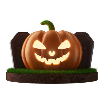 Grass podium with Pumpkin 3D Render for Halloween
