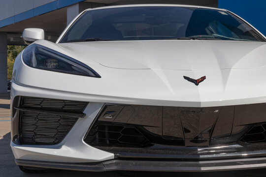 Chevrolet Corvette display at a dealership. The Corvette is now in its eighth generation and is known as the C8.