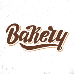 Bakery logo. Vector digital illustration. Hand lettering. Brown letters on textured background. Bakery shop logotype, pastry, cake shop. daily fresh baking. Card flyer sticker banner poster. Stylized.