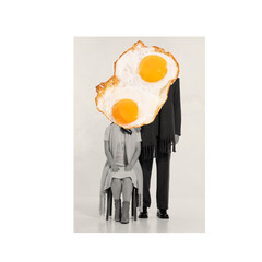 Contemporary art collage. Black and white retro photography of man and woman, couple with fried eggs element