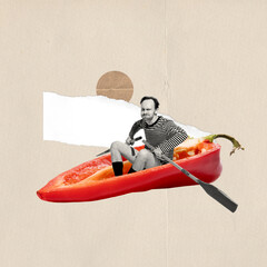 Contemporary art collage. Creative funny image of emotive man sailing into sweet red pepper. Healthy lifestyle