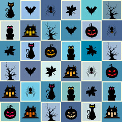 Halloween seamless pattern in blue with many elements such as scary pumpkins, spooky trees, haunted houses, bets, owls, cats, spiders and autumn leaves
