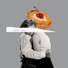 Contemporary art collage. Conceptual image with young woman hugging man with cake head symbolizing sweet happy relationships
