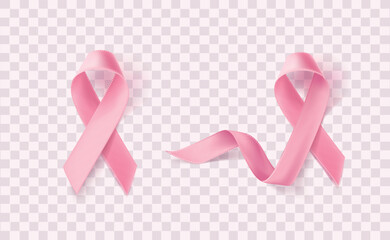 International Symbol of Breast Cancer Awareness Month Pink Ribbons on Transparent Background. Vector illustration