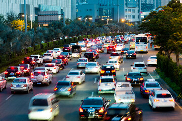 Fototapeta na wymiar Traffic jam in the rush hour evening