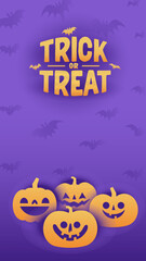 Halloween banner with copy space. Trick or treat lettering sign with bats and carved pumpkins. Cute and funny spooky style.