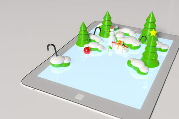 Background with tablet computer and winter scenery. Template on theme of Christmas and New Year in German and empty space