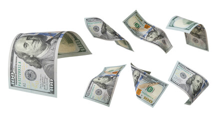 100 dollars flying on white background. USA banknotes at different angles. Front side