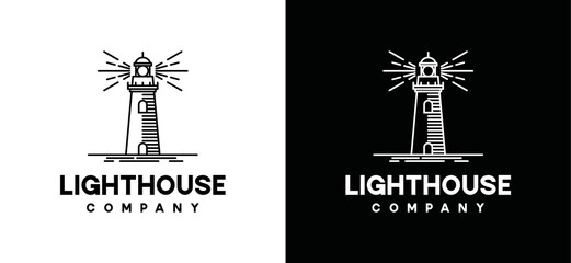 Lighthouse line art logo icon vector. Watchtower on the beach symbol illustration.