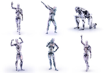 Humanoid robots posing. AI cyber bots characters. Future Android robots, industry digital cyborgs, futuristic technology service, communication, robotic tech industry 4.0, artificial intelligence 3D