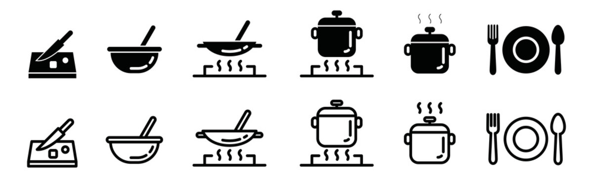Cooking process from cutting ingredients to ready to serve on the plate icon vector set. Knead dough, frying, steaming symbol illustration. Hot pot sign silhouette
