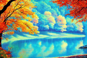 Autumn landscape with blue lake and many red leaves above. digital illustration art.