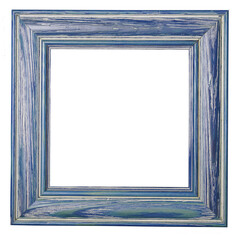 Empty blue frame. Wooden blue frame with the effect of scuffing. Isolated  - 535256703