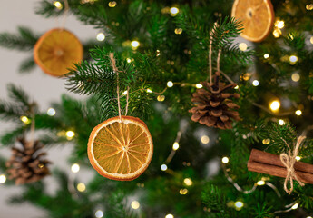 Decorated Christmas tree closeup. DIY dried oranges, cones and cinnamon sticks. eco friendly...