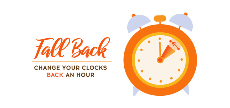 Daylight saving time ends, Fall Back concept banner. Clock change back one hour. Orange alarm clock and turning arrow to back one hour Reminder schedule. Vector illustration isolated
